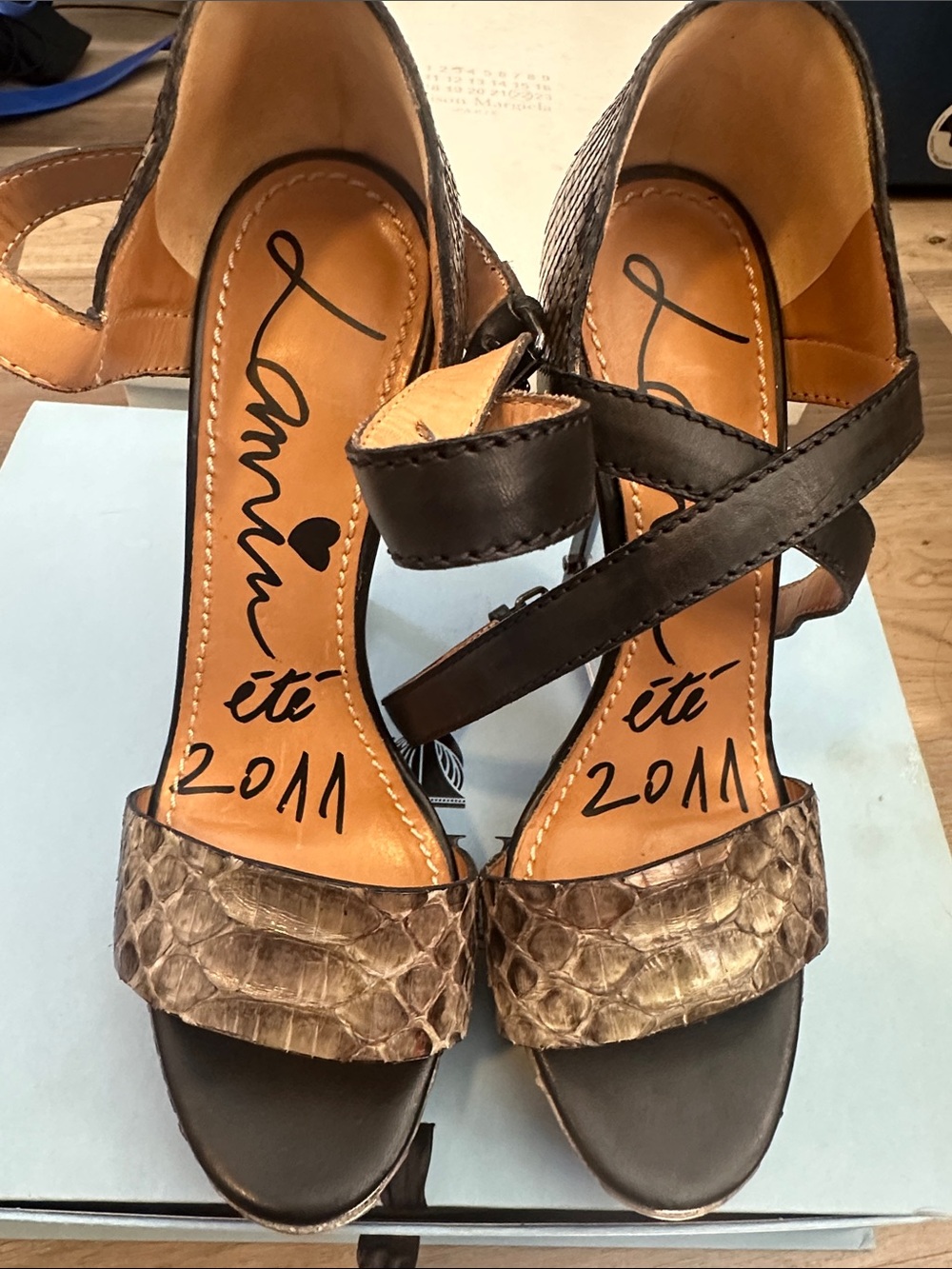 Lanvin Black Leather and Brown Snake-Print High Heeled Sandals